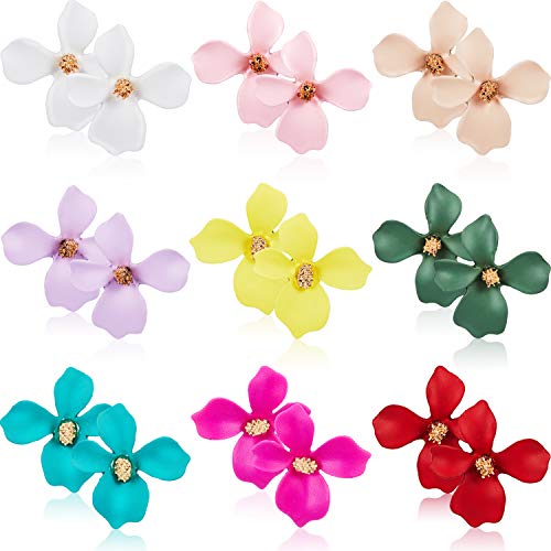 Product Cover 9 Pairs Flower Stud Earrings Set Bohemian Flower Earrings with Faux Flower Bud for Women Girls, 9 Colors