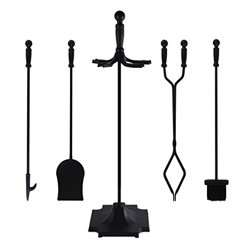 Product Cover EveryMomentCounts 5 Pieces Fireplace Tools Set Wrought Iron Fire Place Kit Wood Stove Hearth Tools Holder with Handles for Indoor Outdoor Modern Hand Tool Poker Tongs Shovel Brush Sets Black