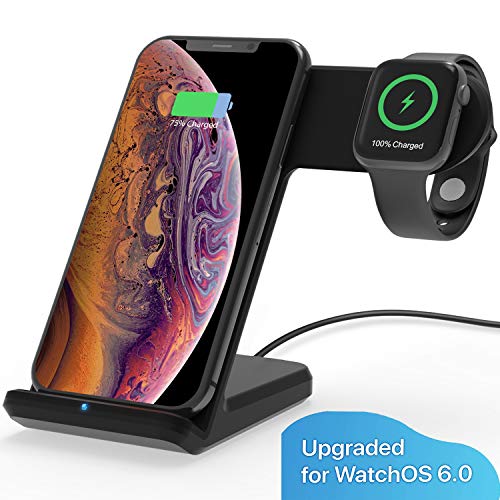 Product Cover MQOUNY Wireless Charger,2 in1 in 1 Wireless Charger Stand,Charging Station Compatible with iWatch Series 5/4/3/2/1,Fast Wireless Charger Compatible with iPhone 8/X/XR,Samsung S10 All Qi Phones(Black)