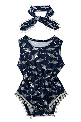 Product Cover Newborn Baby Girl Rompers 3D Printed Dark Blue Shark Short Sleeve Initial Infant Outfits 12-18 Months Bubble Tassel One-Piece Playsuit Sweet Cartoon Sunsuit & Head Tie Pom Pom Tassel Clothes Set