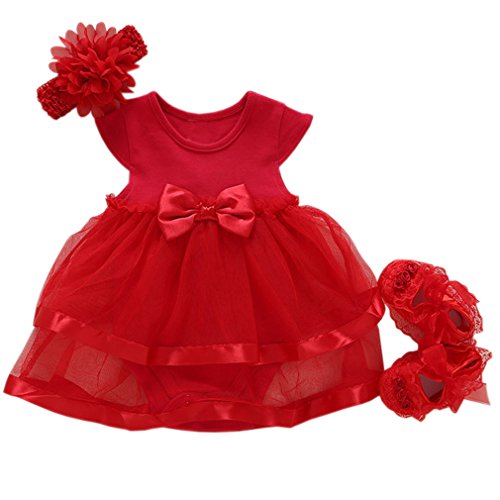 Product Cover Niyage Baby Girls Clothes Dress Headband Shoes 3 Pcs Set Flowers Party Outfit Romper Dress-Red 0-3 Months
