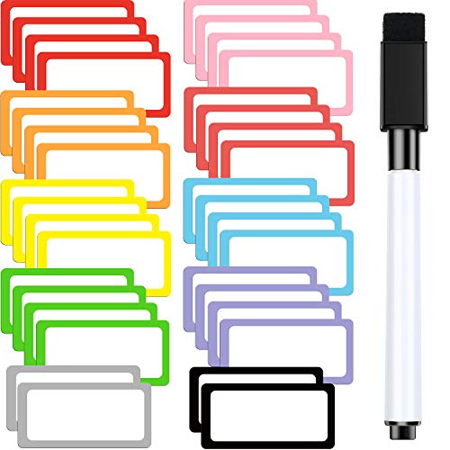 Product Cover 36 Pieces Magnetic Dry Erase Labels Name Plates Labels Sticky White Board Labels 1 x 2 Inches 10 Colors and Black Magnetic Dry Erase Markers with Eraser Cap