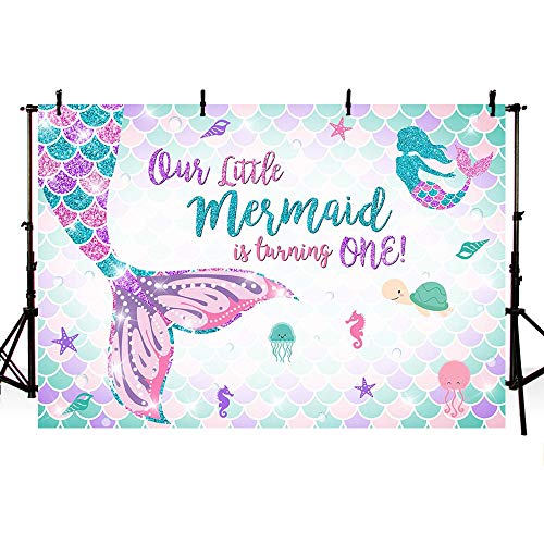 Product Cover MEHOFOTO 7x5ft Mermaid One Birthday Photography Backdrop Under Sea Girl Princess 1st Birthday Party Decoration Mermaid Tail Purple Pink Teal Sparkle Glitter Photo Studio Background Banner