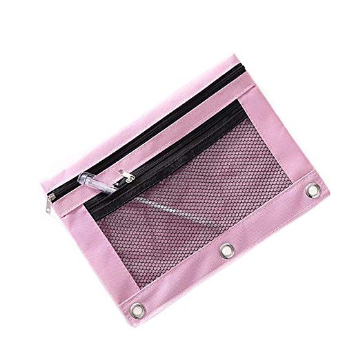 Product Cover Funny live B5 Size Double Zipper 2 Pocket Pencil Bag, Transparent Mesh File Pouch Case, Zip Binder Pencil Bags Pencil Cases with Rivet Enforced Hole 3 Ring (Pink)