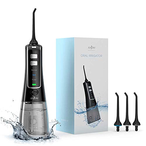 Product Cover Water Dental Flosser, Anjou Cordless 10oz/300mL Professional Portable Oral Irrigator Helps Teeth Whitening, 3 Modes 4 Jet Tips, IPX7 Waterproof, Easy-to-Clean Water Reservoir, for Home and Travel