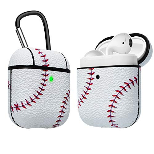 Product Cover AirPods Case, Takfox Airpod Case Cover Protective Shockproof Scratch Resistance Premium Leather Headphone Case with Carabiner/Keychain Skin for Apple Airpods 2 & AirPods 1 Charging Case-Baseball