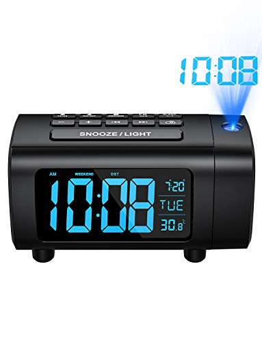 Product Cover Mpow Projection Alarm Clock with Temperature Monitor, FM Radio, USB Charger, Auto-Off Projection, 2-Color Digit Display with 4 Dimmer, Weekend Mode, ℃/℉ Switch, DST, Sleep Timer, Snooze, Easy Setting