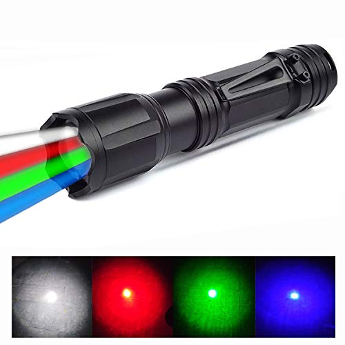 Product Cover Multicolor Zoomable Red Green Blue White Hunting Light Handheld Tactical Flashlight with Clip Powered by AAA or 18650 Battery(Not Included)