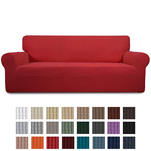 Product Cover Easy-Going Stretch Sofa Slipcover 1-Piece Sofa Cover Furniture Protector Couch Soft with Elastic Bottom for Kids,Polyester Spandex Jacquard Fabric Small Checks(Sofa,Christmas Red)