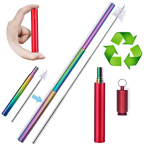 Product Cover Reusable Portable Telescopic Straws,Stainless Steel Travel Food-Grade Drinking Straws with Aluminum Case, Dishwasher Safe with Cleaning Brush (Red)