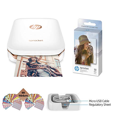 Product Cover HP Sprocket Photo Printer, Print Social Media Photos on 2x3 Sticky-Backed Paper (White) + Photo Paper (50 Sheets) + USB Cable + 60 Decorative Stick-On Border Frames