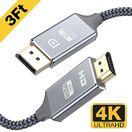 Product Cover Capshi DisplayPort to HDMI Cable - 3 Ft 4K UHD Nylon Braided Gold-Plated DP-to-HDMI Unidirectional Cord DP to HDMI Male Chords Display Port to HDTV Monitor Video Connector DP to HDMI Ports Adapter