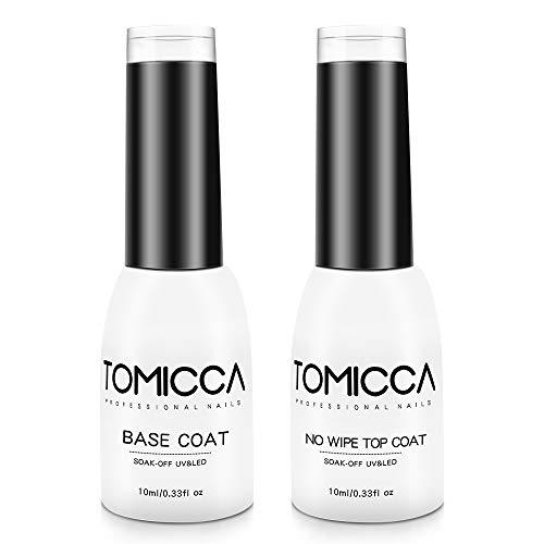 Product Cover TOMICCA No Wipe Top Coat and Base Coat Gel Nail Polish Set, 2x10ml Soak Off UV LED Gel Base and Top Coat Gel Polish Long Lasting Shine Finish (Base & Top Coat)
