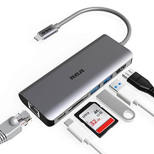 Product Cover USB C Hub, RCA 6 in 1 USB C Adapter with Ethernet, 4K HDMI, USB C Power Delivery, 2 USB 3.0 Ports, SD Card Reader, Portable Hub for MacBook Pro and Other Type C Laptops
