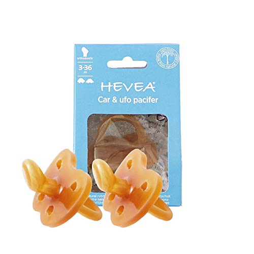Product Cover Hevea Pacifier 2 Pack Natural Rubber Orthodontic Pacifier 3-36 Months with Car & UFO Pattern