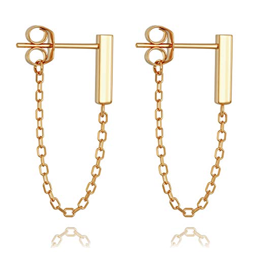 Product Cover 925 Sterling Silver Gold Chain Earrings - Bar Drop Line Chain Dangle - Small Cute Staple Bar Cable Studs for Women or Girls - Minimalist Modern Design by Galis (Silver & Gold-Plated variations)
