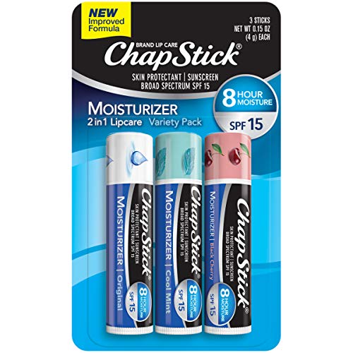 Product Cover Chapstick Lip Moisturizer (Original, Cool Mint & Black Cherry Flavors, 0.15 Oz) & Skin Protectant Lip Balm Tube, Sunscreen, SPF 15 (3 Sticks)
