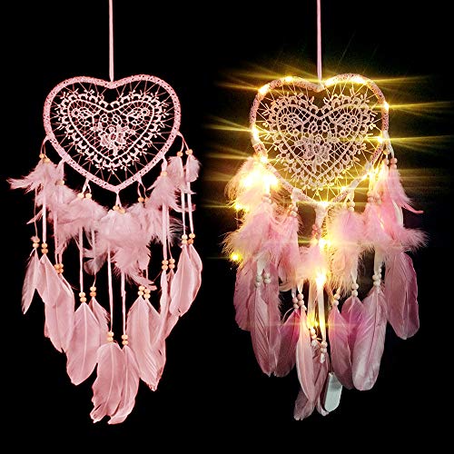 Product Cover SSAWcasa Dream Catcher for Kids,Dreamcatcher with Led Lights,Girls Bedroom Wall Decor,Colorful Wall Hanging Decorations for Baby Room Birthday Wedding Party Supplies Car Ornament Gift (Heart)