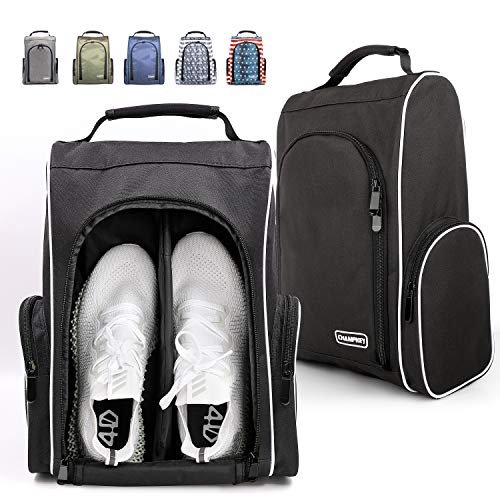 Product Cover Champkey 600D Polyester High Performance Golf Shoe Bag - Removable Divider & Zippered Shoe Carrier Bags, Water Resistant & Scratch Resistant Sports Shoe Bag Ideal for Golfer（Black，5-13 US Size）
