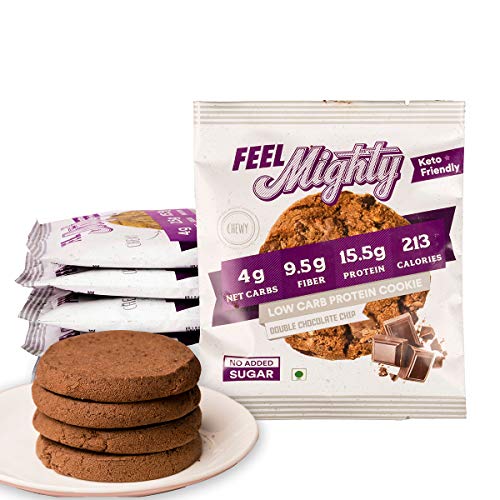 Product Cover Feel Mighty Protein Cookies- Sugar Free, Keto Friendly and Gluten Free Snacks with Low Carbs and Low Calories- Pack of 5 Belgian Double Chocolate Flavoured Cookies
