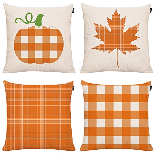 Product Cover GTEXT Set of 4 Fall Throw Pillow Covers Bufflo Check Autumn Decor Pumpkin Pillows Cuhion Covers Cases for Couch Sofa Home Decoration Fall Pillows Linen 18 X 18 Inches