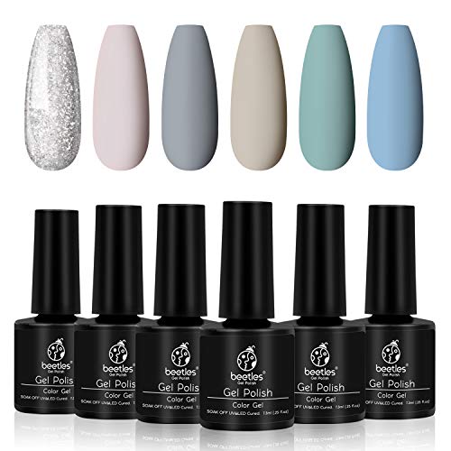 Product Cover Beetles Cold Glitter Gel Nail Polish Set - 6 Nude Gel Polish Kit Cool Nude Series Nail Polish Gel Nail Kit Nail Art Gift Box, Soak Off LED UV Nail Lamp 7.3 ml Each Bottle Holiday Gift Set