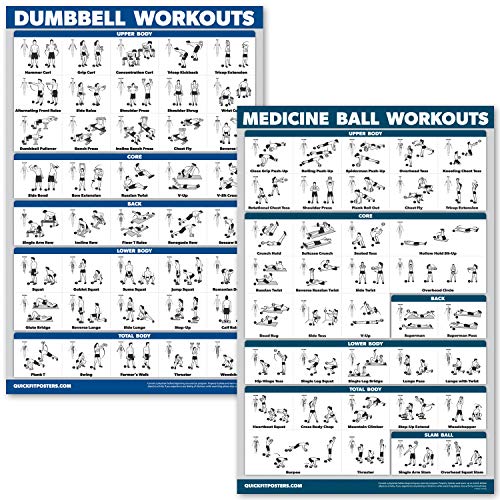 Product Cover QuickFit 2 Pack - Dumbbell Workouts and Medicine Ball Exercise Posters - Set of 2 Laminated Charts - Dumbbell and Medicine Ball Exercise Routine - 18