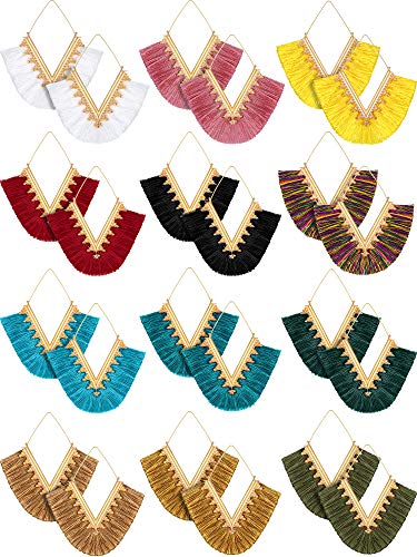 Product Cover 12 Pairs Statement Tassel Earrings Hoop Tassel Earrings Bohemian Geometric Handmade Triangle Earrings for Women Girls (Style 1)