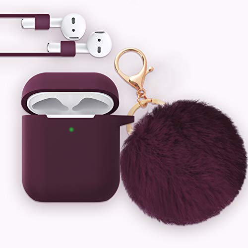 Product Cover Airpods Case - Bluewind Drop Proof Air Pods Protective Case Cover Silicone Skin, with Cute Fur Ball Airpods Keychain/Strap, Portable Apple Airpods Accessories (Upgrade Burgundy)