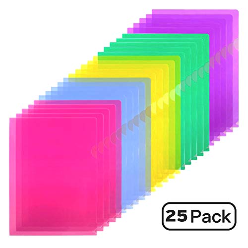 Product Cover Sooez Clear Document Folder Project Pockets, 25 Pack Letter Size Plastic Document Folders US Paper Poly Jacket Sleeves Folders Transparent L-Type, 5 Assorted Colors(Yellow/Green/Blue/Purple/Red)