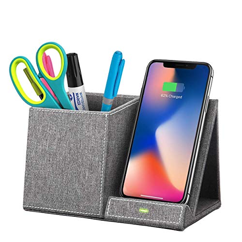 Product Cover Boxio Wireless Charger Desk Organizer, Pen and Pencil Holder for Desk, Fast Wireless Charger, Compatible with Galaxy S10/S9/Note as 10W, iPhone X/XR/XS/9/8 as 7.5W, and All Qi-Enabled Phones as 5W