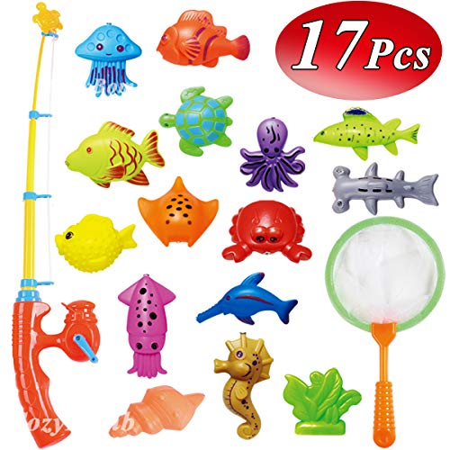Product Cover CozyBomB Kids Fishing Bath Toys Game - 17Pcs Magnetic Floating Toy Magnet Pole Rod Net, Plastic Floating Fish - Toddler Education Teaching and Learning Colors Ocean (Medium)