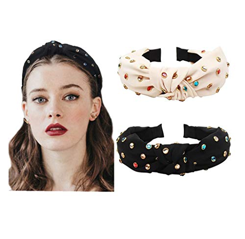 Product Cover Knot Headbands for Women Knotted Pearl Colorful Rhinestone Jeweled 2 Pcs Beaded Wide Band Fashion Headbands For Girl Bohemian Hairband