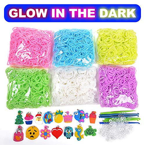 Product Cover 3700+ Rainbow Rubber Bands Glow in The Dark Set Included: 3600+ Premium Quality Loom Bands in 6 Colors + 100 S-Clips + 15 Lovely Charms + 6 Crochet Hooks, No Loom Board Included.