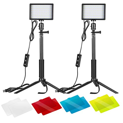 Product Cover Neewer 2 Packs Dimmable 5600K USB LED Video Light with Adjustable Tripod Stand/Color Filters for Tabletop/Low Angle Shooting, Colorful LED Lighting, Product Portrait YouTube Video Photography