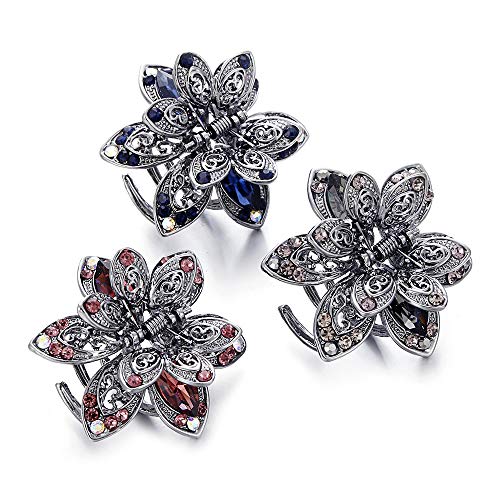 Product Cover MOTZU 3 Pack Mini Jaw Clips, 1.5 inch Metal Crystal Hair Claws, Non-Slip Flower Barrette, Vintage Metal Rhinestone Hair Clip Accessories for Women Girls, Multicolour