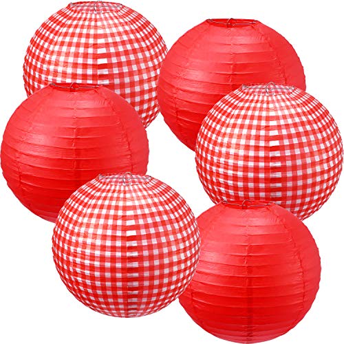 Product Cover Picnic Party Decorations Paper Lanterns Round Hanging Lanterns Picnic Party Lanterns for Summer Barbecue Birthdays Holidays Picnic Party Supplies (White and Red Plaid, Pure Red, 6 Pieces)