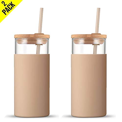Product Cover Tronco 20oz Glass Tumbler Glass Water Bottle Straw Silicone Protective Sleeve Bamboo Lid - BPA Free (Amber/ 2-Pack)