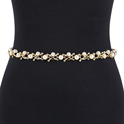 Product Cover Pomeat Pearl Chain Belt, Pearl Waist Belt Strap Imitation Pearl Metal Chain Belt for Womens Dresses