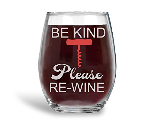 Product Cover Be Kind - Please Rewine Funny 15oz Crystal Stemless Wine Glass - Fun Wine Glasses with Sayings Gifts For Women, Her, Mom on Mother's Day Or Christmas