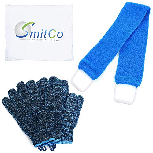 Product Cover SMITCO Exfoliating Gloves and Back Scrubber for Shower - 4 Thicker, Rougher, Bigger Mitts and Extra Long Washer for Full Body Scrub - Dead Skin, Back Acne, Ingrown Hair, Keratosis Pilaris Remover Kit