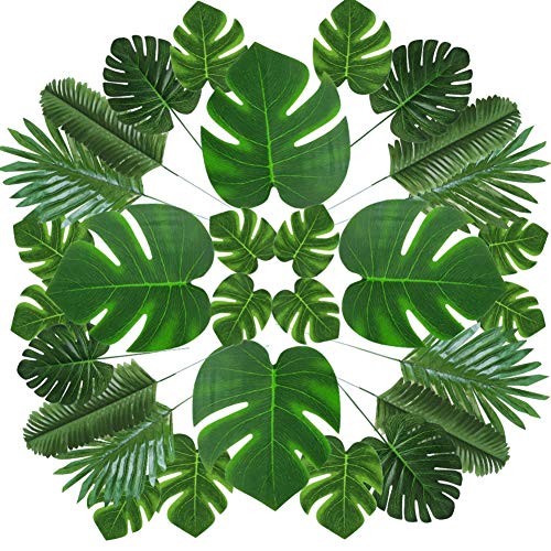 Product Cover ONESING 70 Pcs 6 Kinds Artificial Palm Leaves Tropical Leaves for Party Decor Supplies Faux Leaves Stems Tropical Plant Simulation Safari Leaves for Hawaiian Luau Party Beach Theme Party Table Leaves