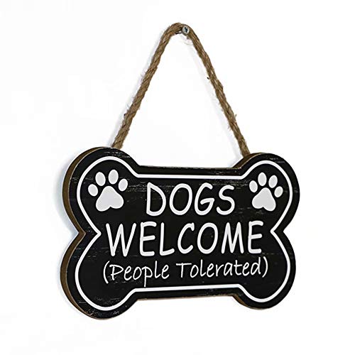 Product Cover SANY DAYO HOME Dogs Welcome People Tolerated 10 x 6 inches Bone Shape Wood Decorative Plaque Funny Dog Signs with Hanging Rope for Wall and Door