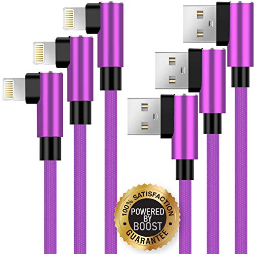 Product Cover Boost Chargers 3-Pack 6FT Charging Cable Nylon Braided 90 Degree Fast Charging USB Power Charge & Sync Cord Compatible with iPhone XR XS MAX X iPhone 8 8Plus 7 Plus 6S 6S Plus 6 5 SE- Purple