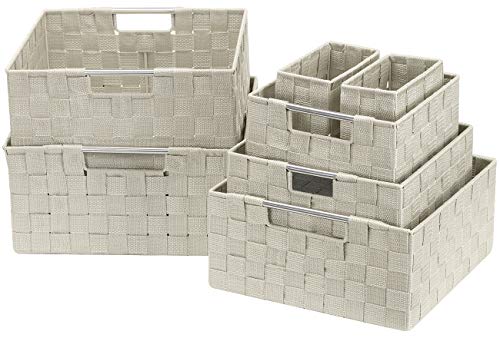 Product Cover Sorbus Storage Box Woven Basket Bin Container Tote Cube Organizer Set Stackable Storage Basket Woven Strap Shelf Organizer Built-in Carry Handles (7 Piece - Beige)