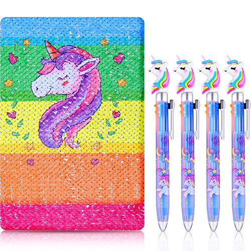 Product Cover Unicorn Notebook Set, 4 Pieces Unicorn Multicolor Pens with Reversible Sequin Unicorn Pattern Notebook for Party Gifts and School Supplies (Color 2)