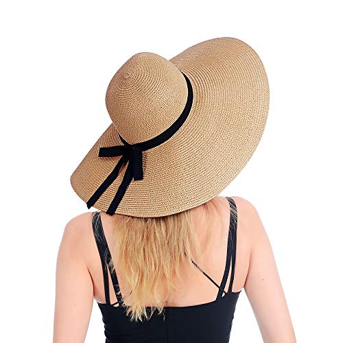 Product Cover Womens Beach Straw Hat UPF 50 Wide Brim Sun Blocking Hat Foldable Summer Hat for Travel Floppy Sun Hat Women