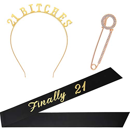 Product Cover 21st Birthday Costume Set, Include Black Finally 21 Satin Sash, Birthday Crown Tiara and Round Brooch Clip Pin for 21st Birthday Party