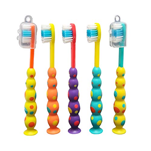 Product Cover Stesa Kids Toothbrush - 5 Pack - Soft Bristles, BPA Free, Suction Cup for Fun Storage, Dust Covers Included - Boys and Girls Toddler Toothbrush - Age 3+