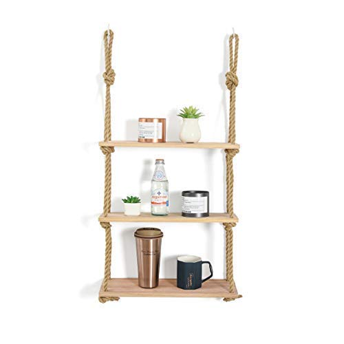 Product Cover JayDee Decorative Hanging 3 Tier Natural Wood Floating Wall Shelves with Jute Rope-Home Decor Organizer for Any Room!